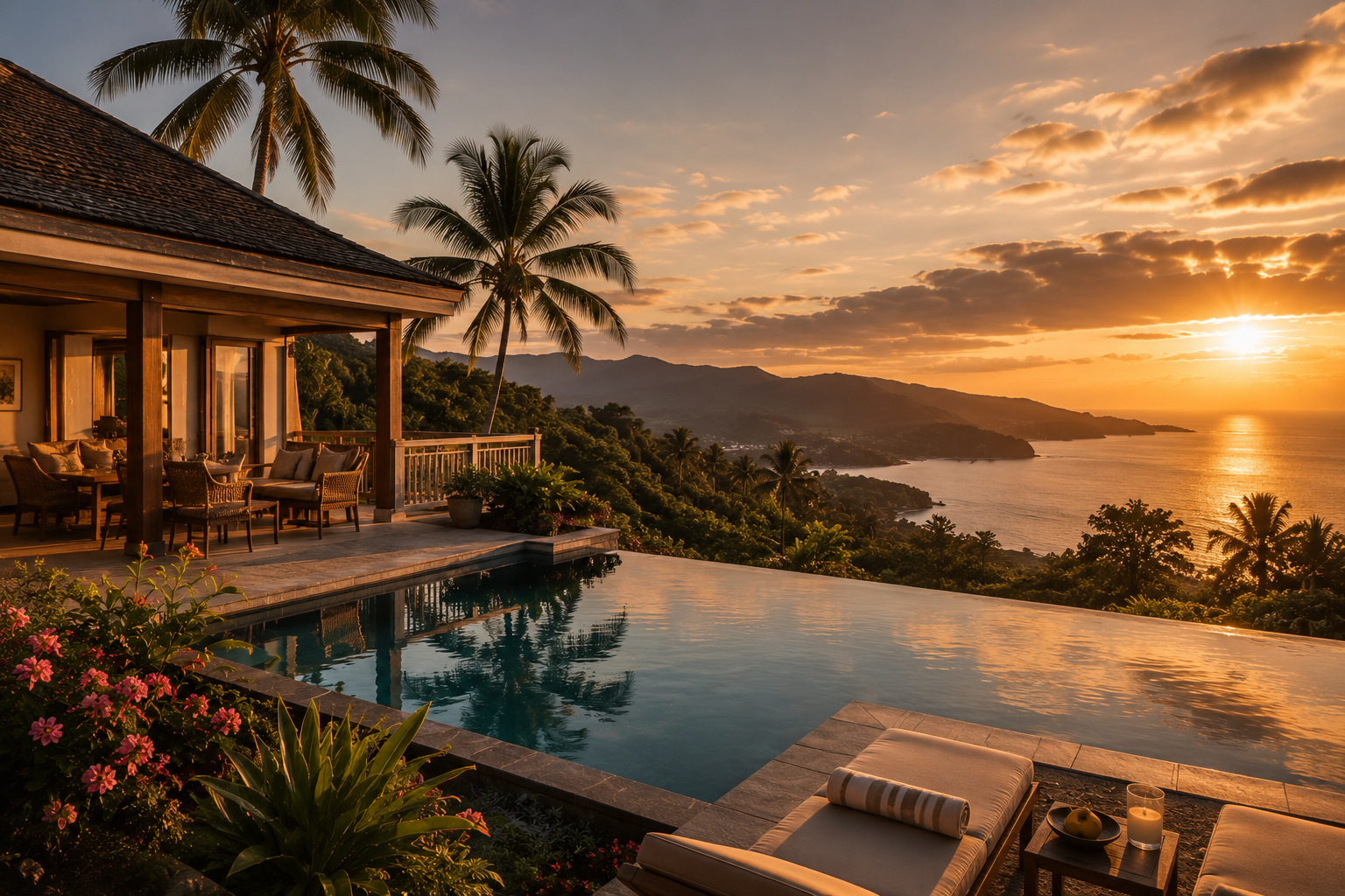 A traveller looking out at a tropical coastline at sunset