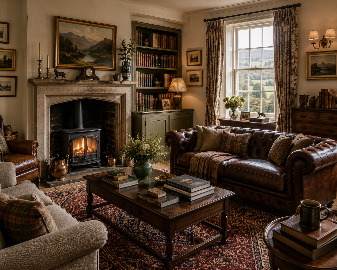A drawing room with country house style — antique chairs and patterned rugs