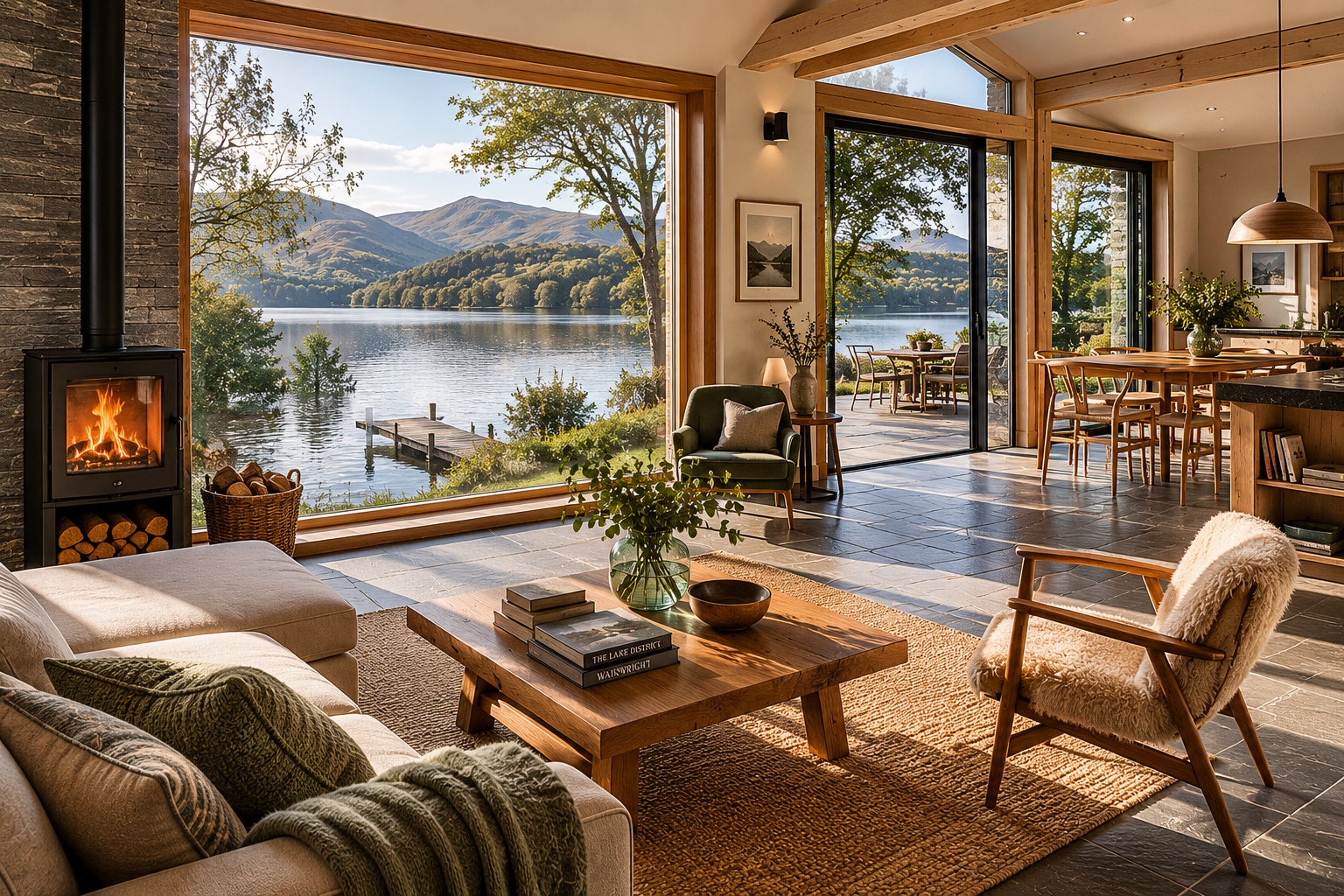 A bright, modern lake cottage interior with stone fireplace and floor-to-ceiling windows