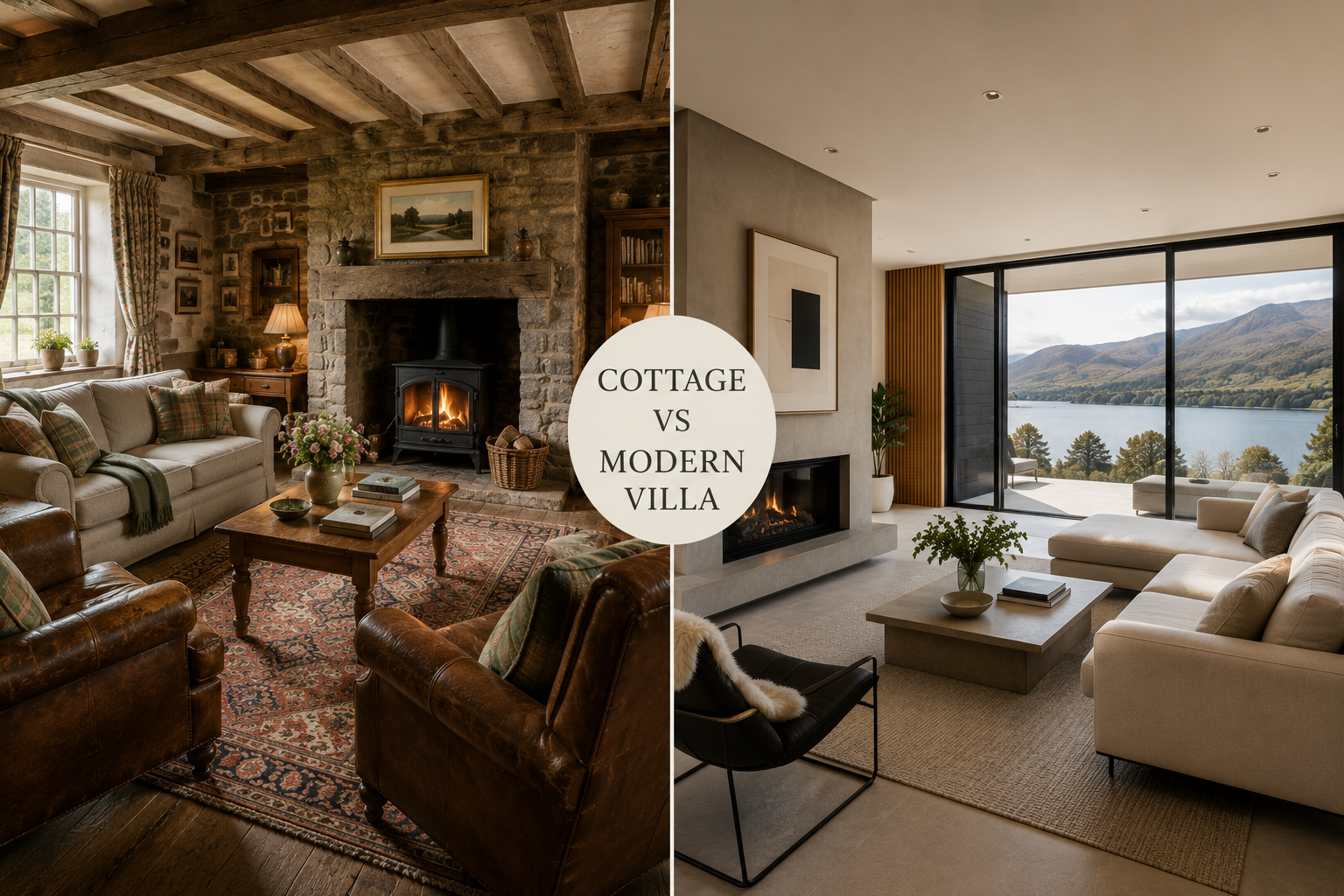 Side-by-side comparison of a slate-roof cottage and modern villa