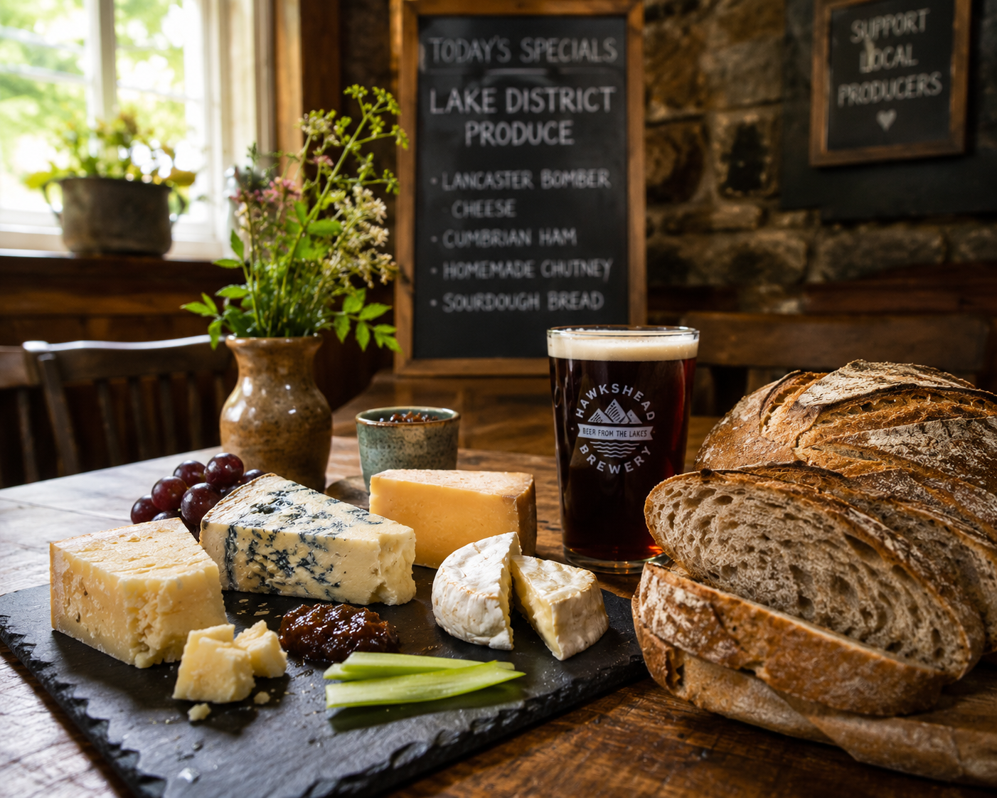 A traditional Lake District pub interior with a slate hearth and local ales