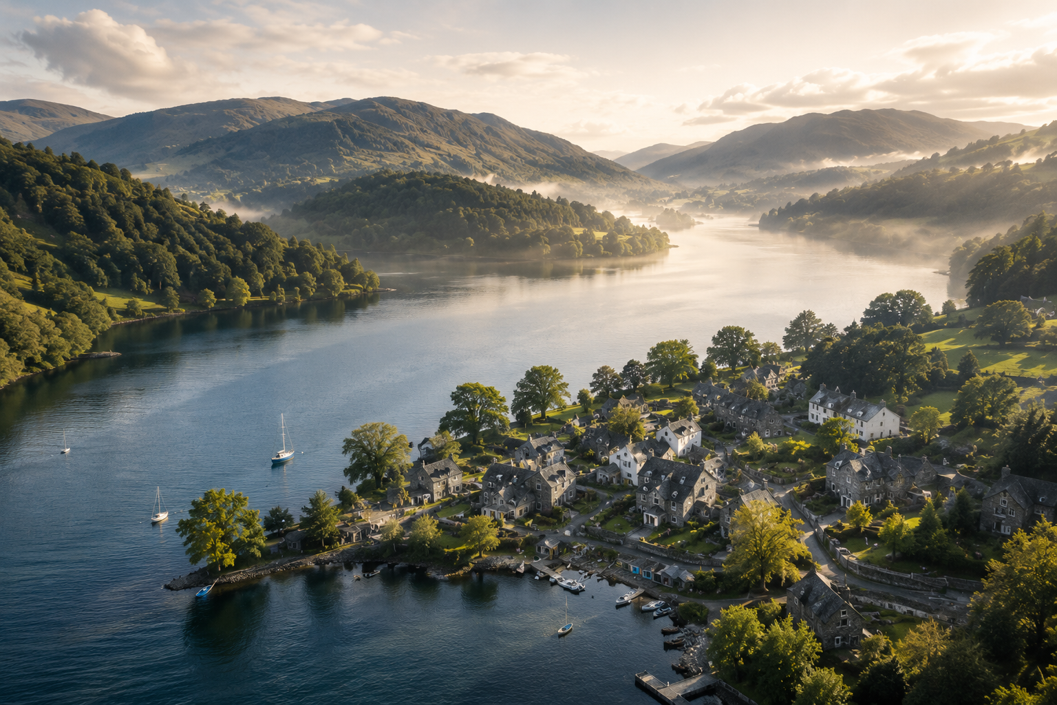 A lakeside stone cottage overlooking Windermere at dawn