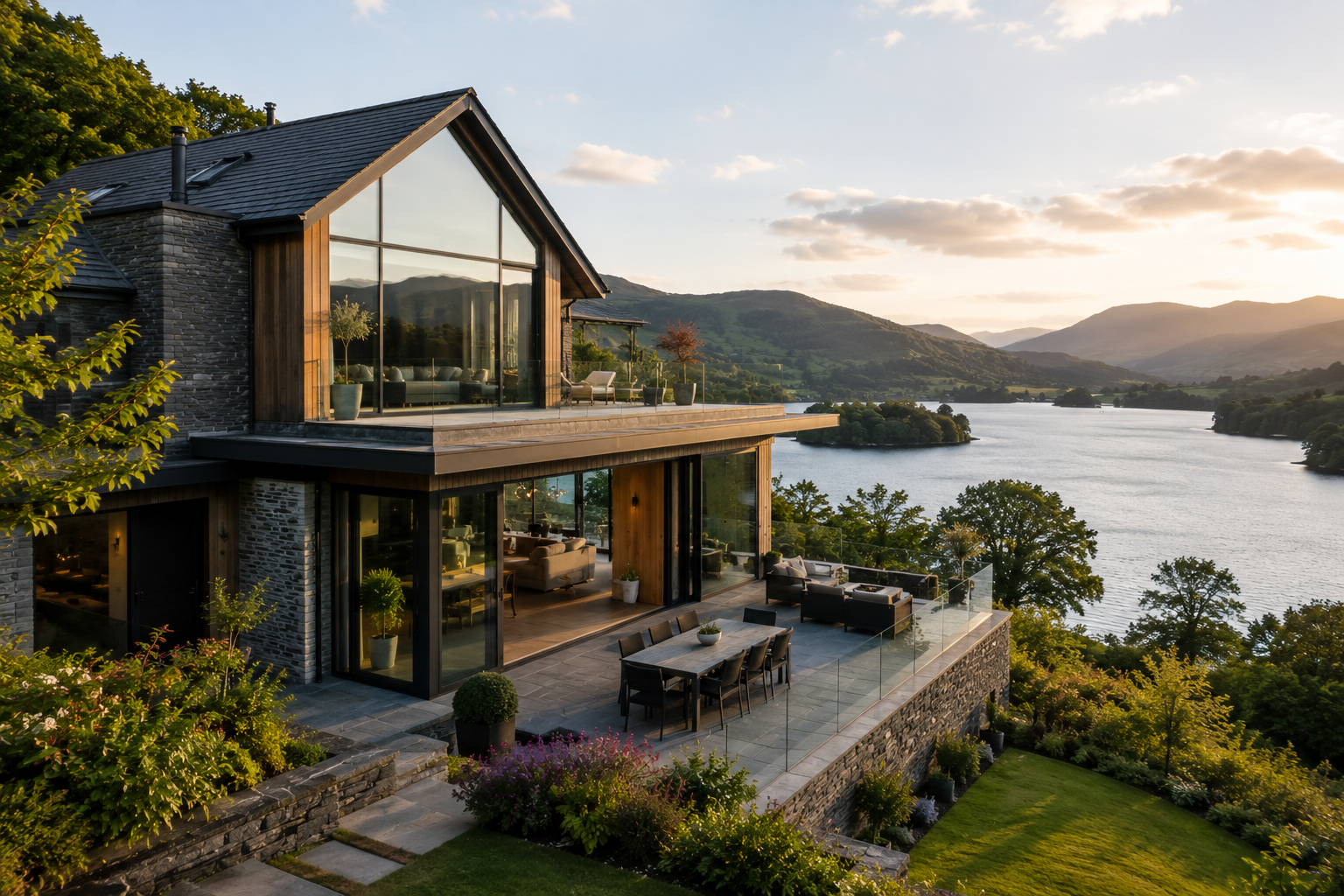A contemporary timber-and-glass lake house with vaulted ceilings