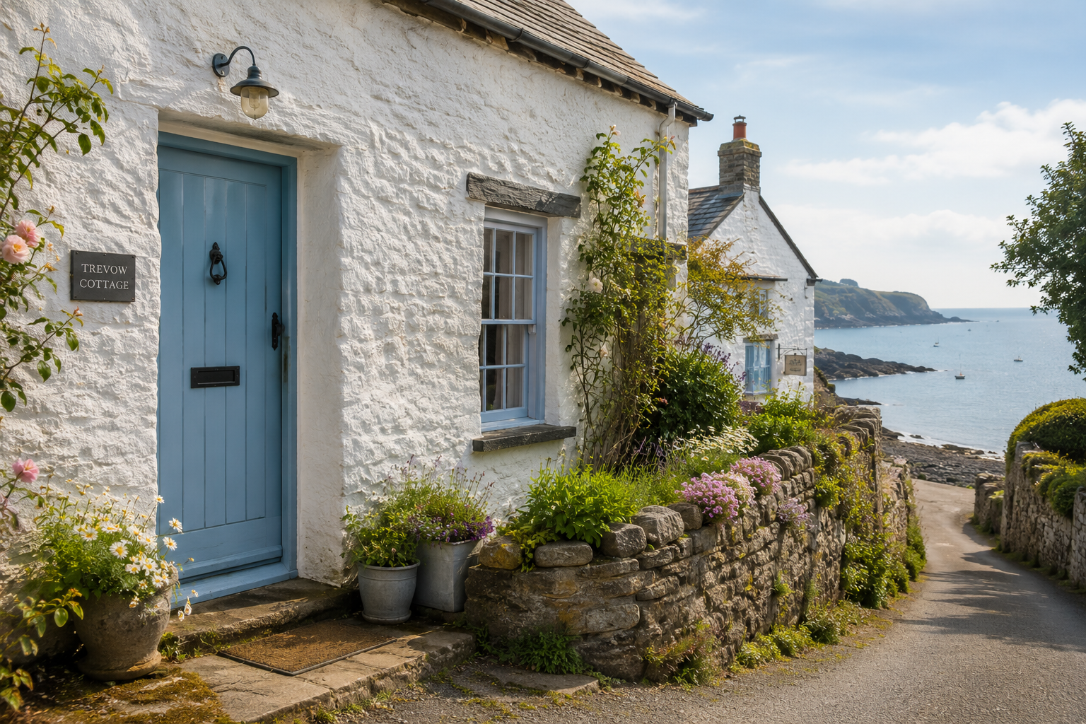 A whitewashed coastal cottage above a quiet English beach