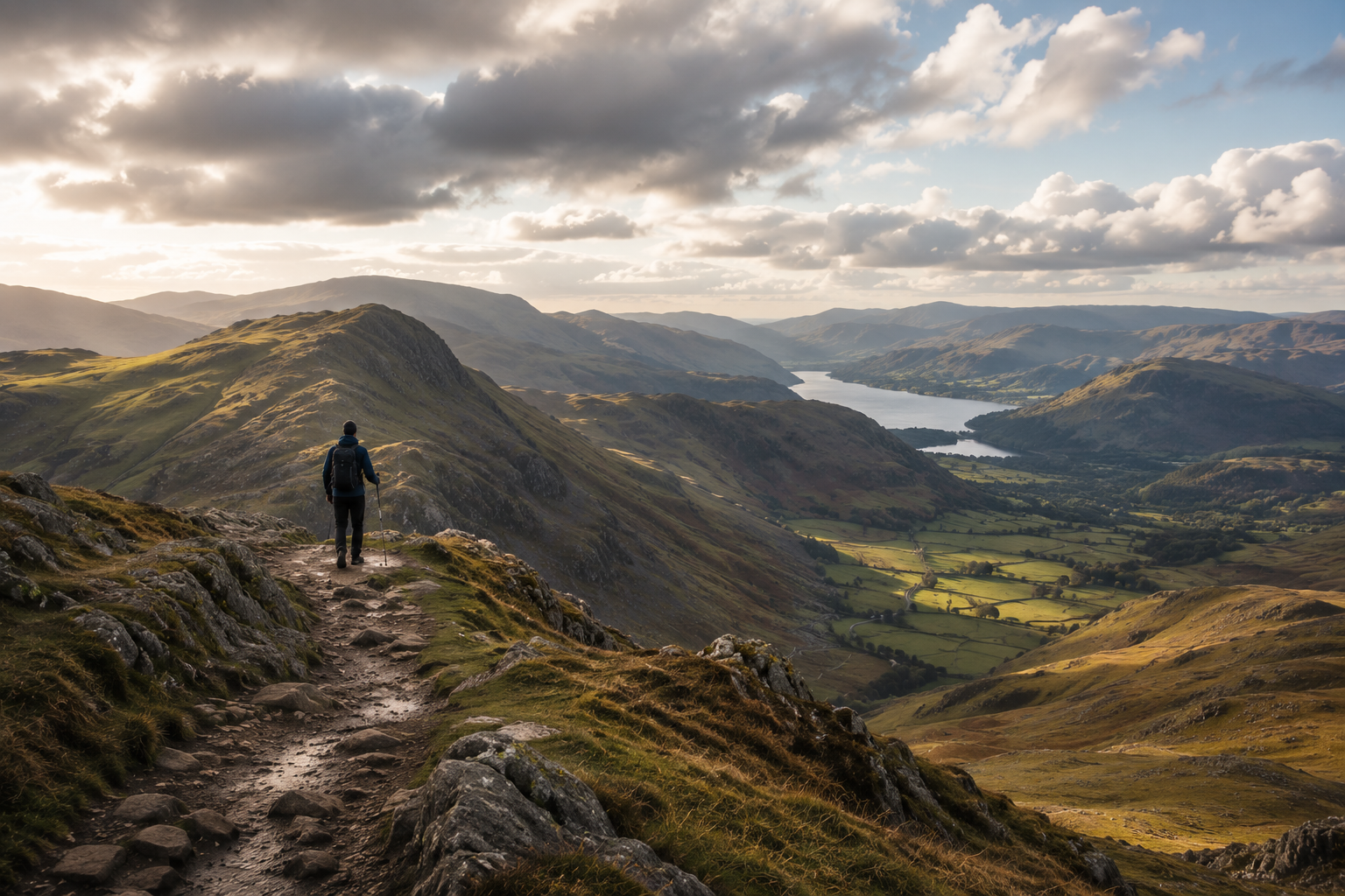 A hiker following a ridge path across the Wainwrights