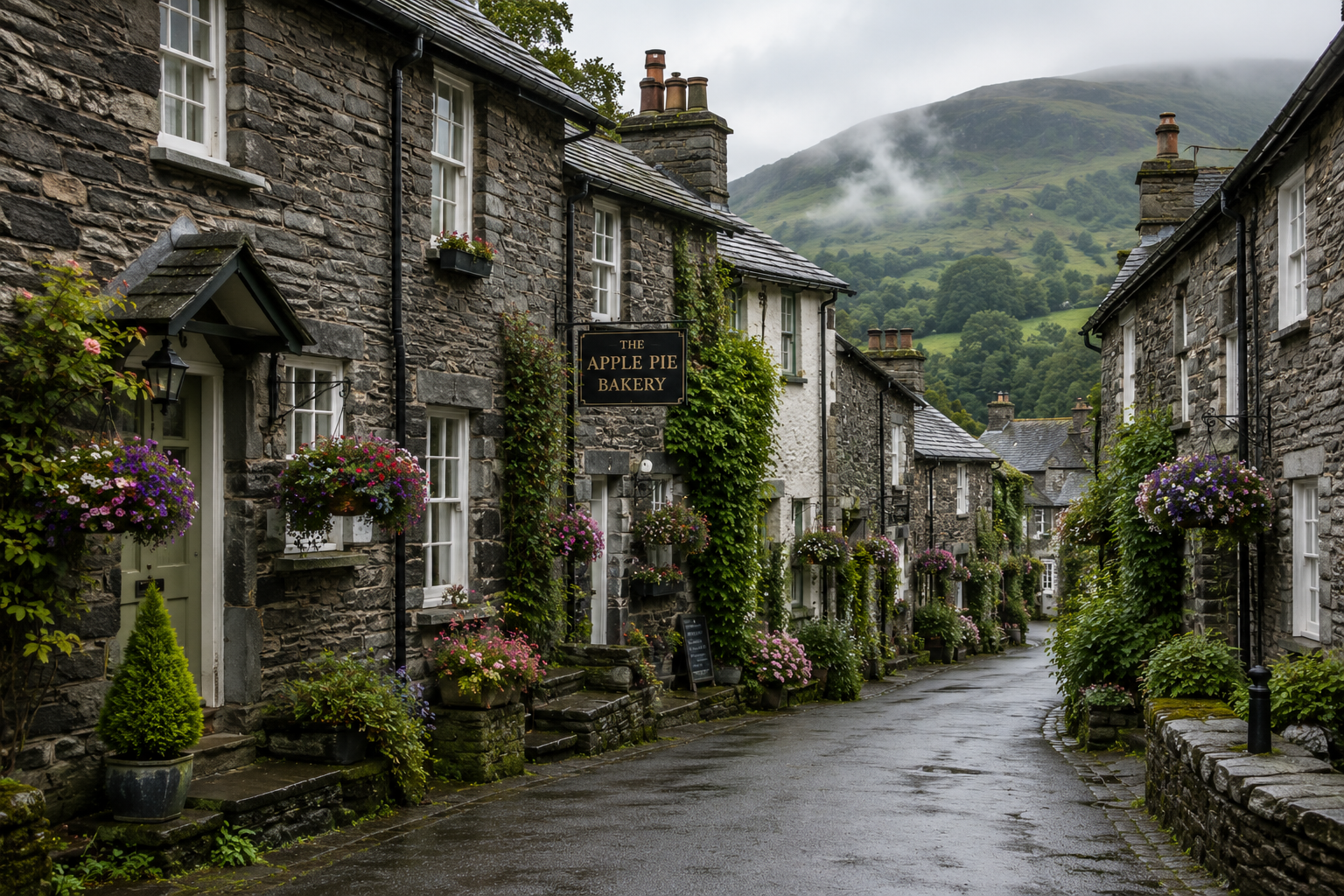 A quiet stone village tucked between fells near Windermere